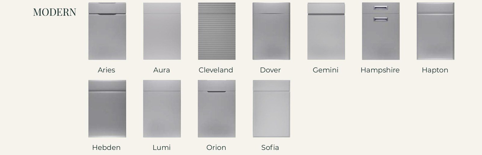Modern door styles: Aries, Aura, Cleveland, Dover, Gemini, Hampshire, Hapton, Hebden, Lumi, Orion, Sofia