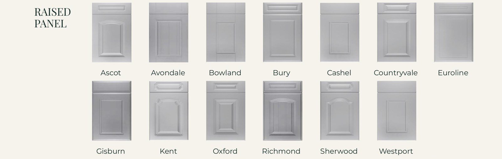 Raised Panel door styles: Ascot, Avondale, Bowland, Bury, Cashel, Countryvale, Euroline, Gisburn, Kent, Oxford, Richmond, Sherwood, Westport