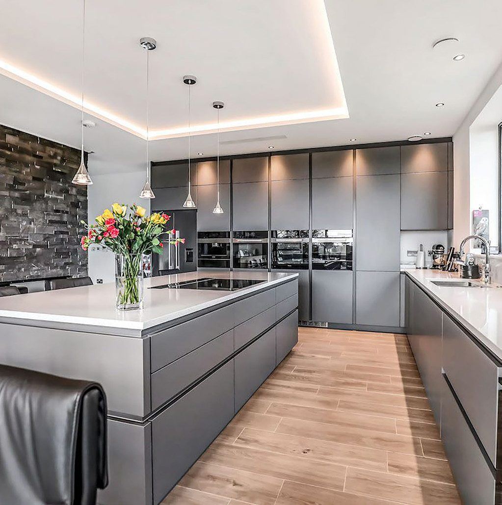 Contemporary grey handleless bespoke kitchen