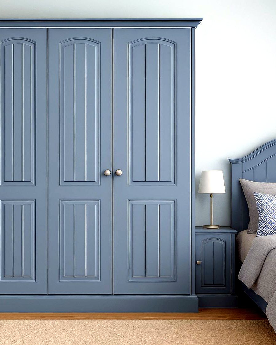 Design visualisation of a traditional blue panelled bespoke fitted wardrobe