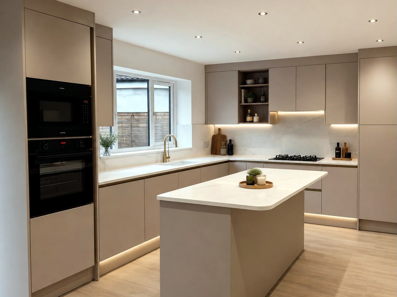 Cashmere handleless kitchen with island, quartz worktop and integrated LED plinth lighting, installed by BFK