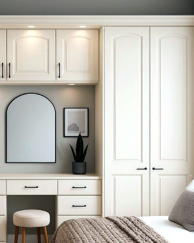 Design visualisation of a cream bespoke fitted wardrobe and dressing table with arched mirror