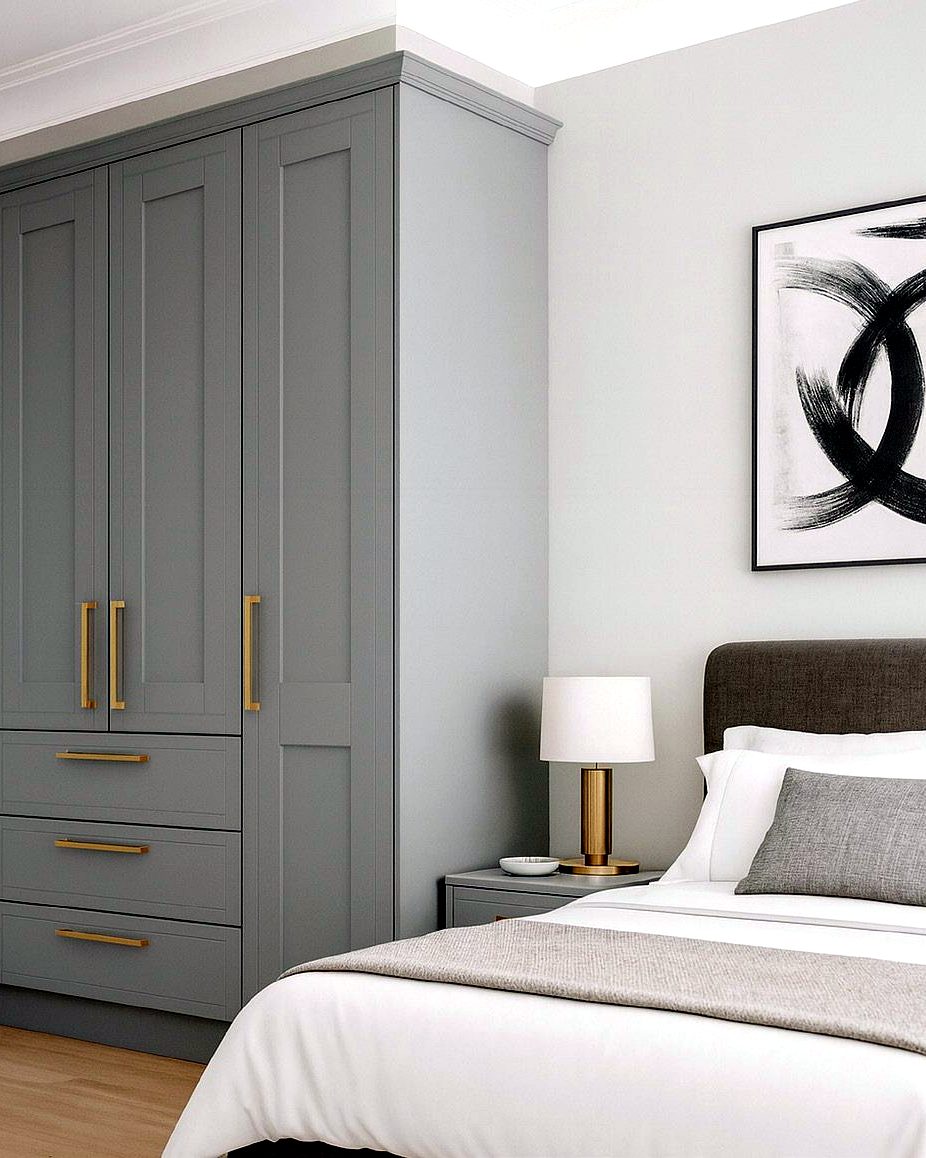 Design visualisation of a soft grey bespoke fitted wardrobe with brushed gold handles in a bedroom