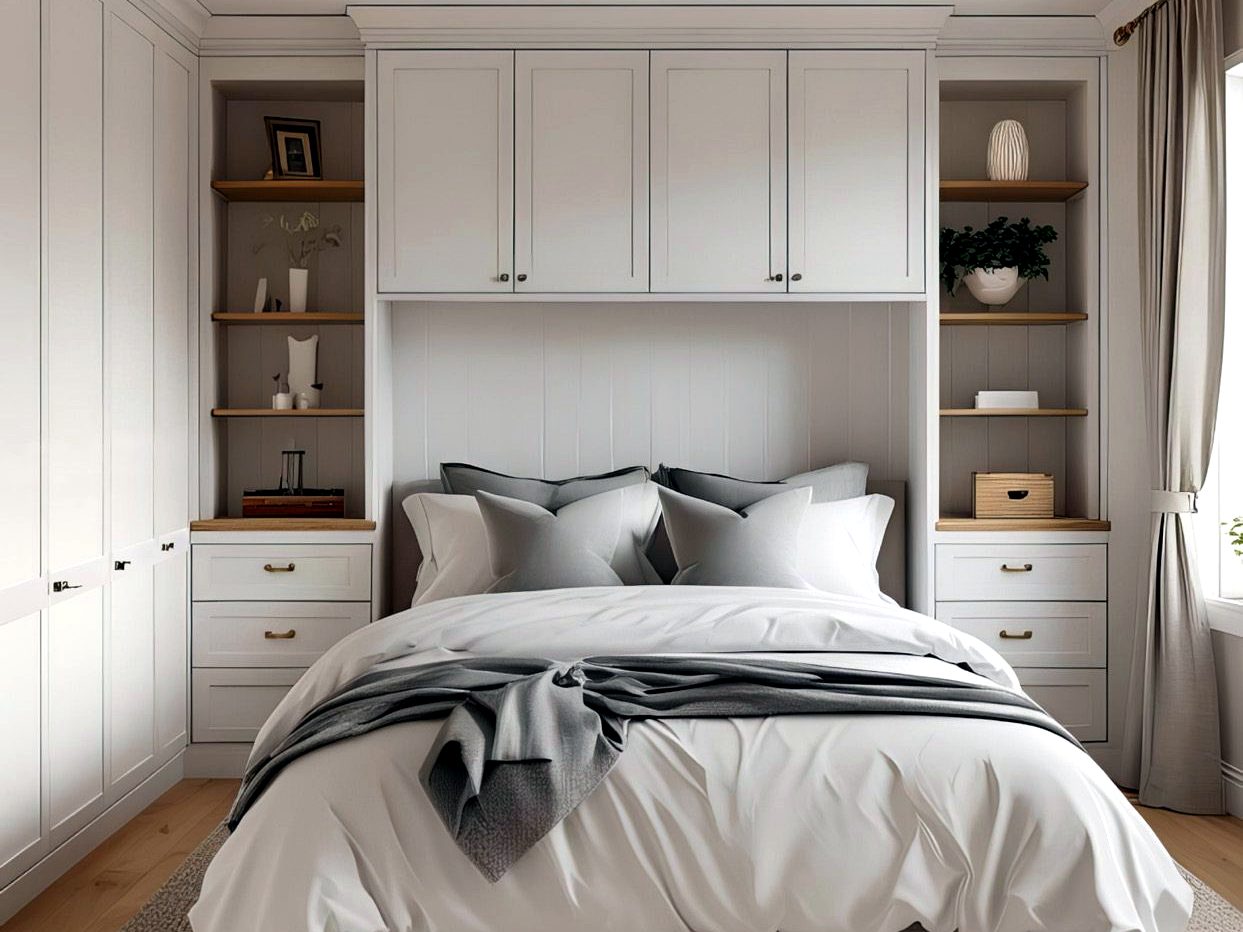 Design visualisation of an overbed wardrobe surround with open shelving, bedside drawers and bridging cupboards