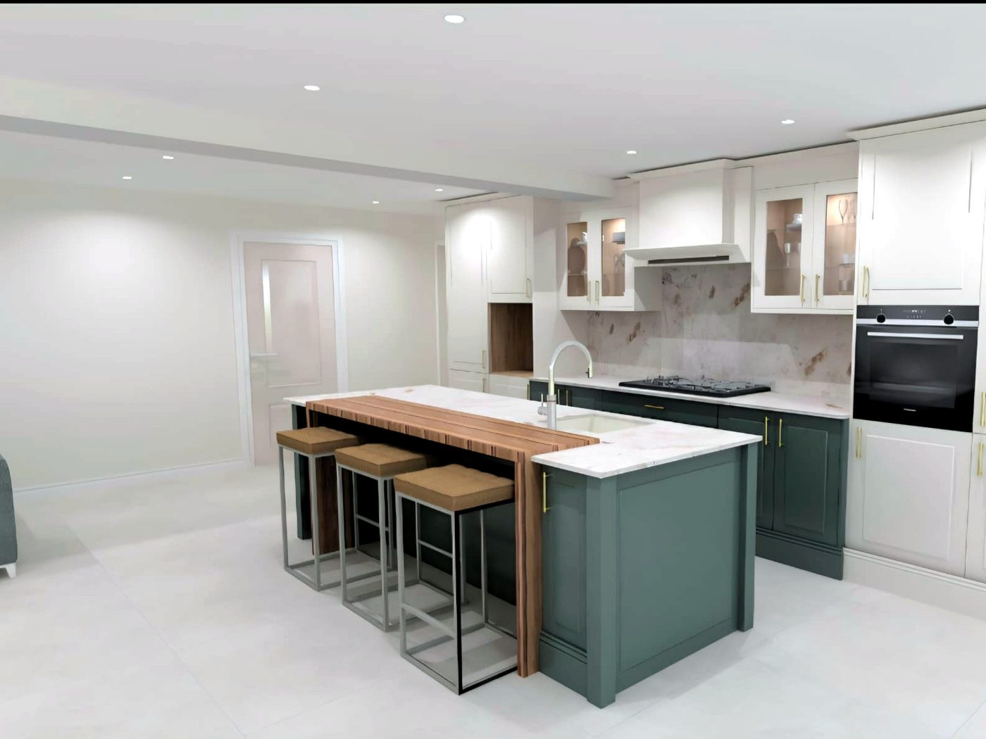 Design visualisation of a sage green and cream Shaker kitchen with island and marble worktop
