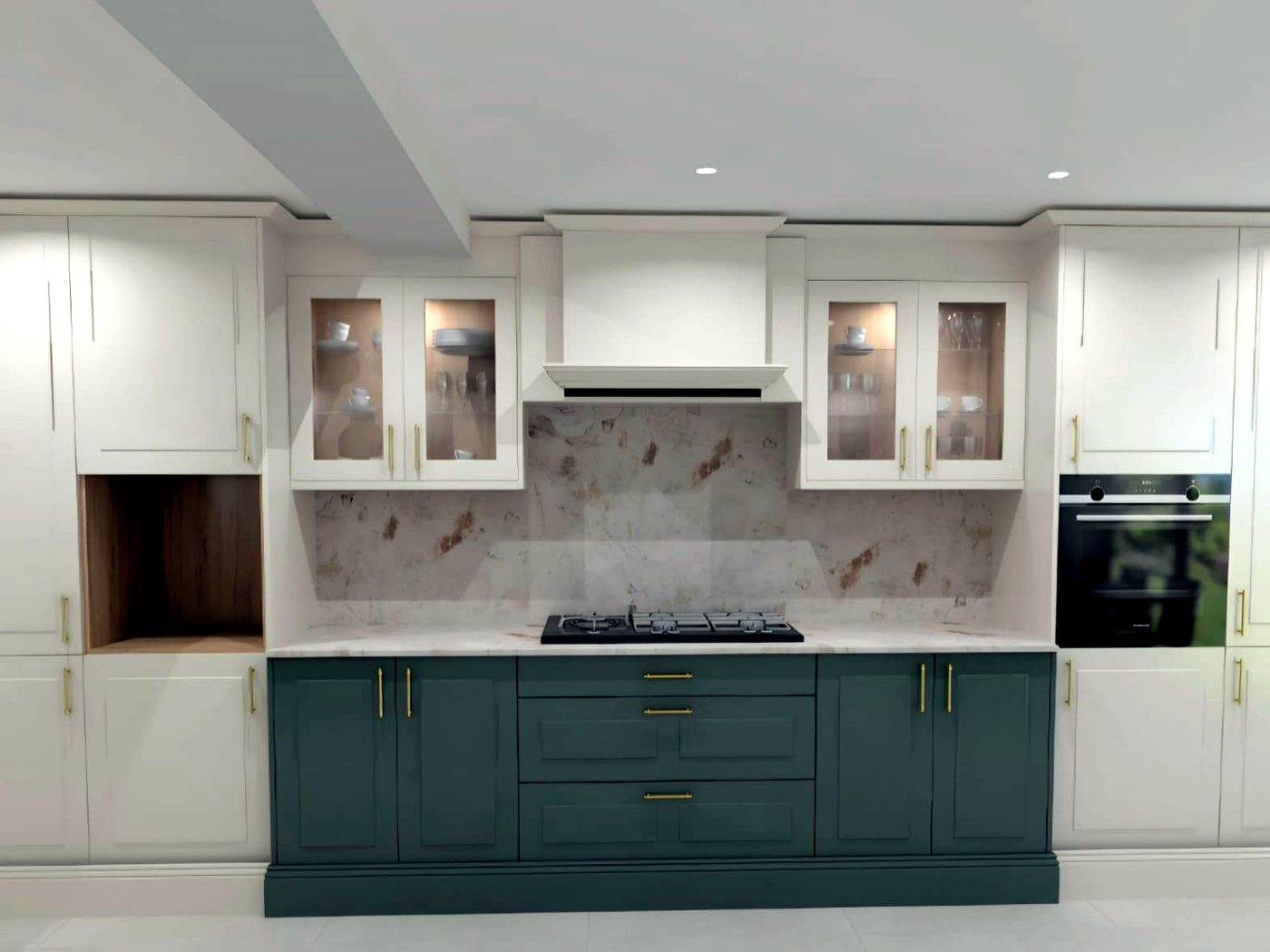 Design visualisation of a sage green and cream Shaker kitchen showing the cooking zone and glazed wall units