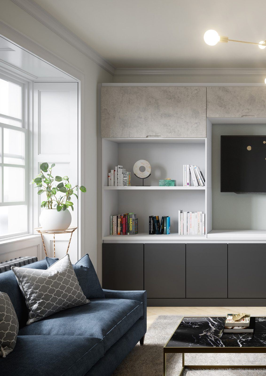Bespoke media unit joinery with integrated shelving and concealed storage
